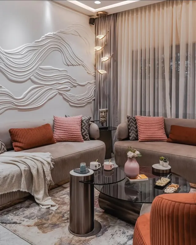 Living room with sculpted wave wall designed by Interior Core